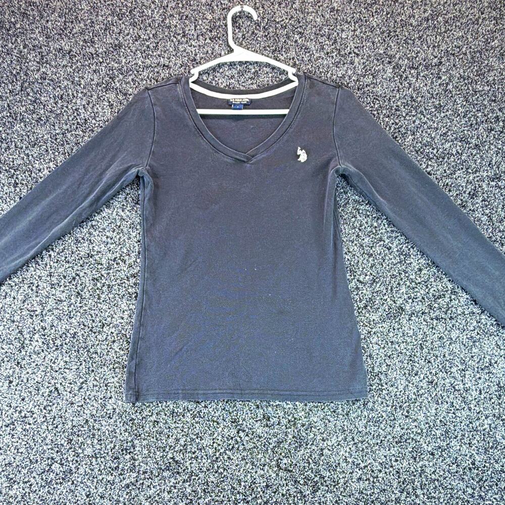 U.S. Polo Assn. Women's Gray Knit V-Neck Long Sleeve Embroidered Tee Size S